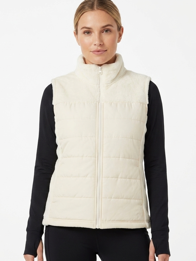 Fila Sport Women's Quilted Puffer & Faux Fur Fleece Vest - Size Large - Cream